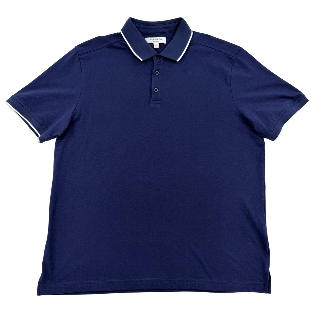 Nordstrom Tech-Smart Men Size Large Navy Blue Tipped Polo Shirt Stretch Cotton